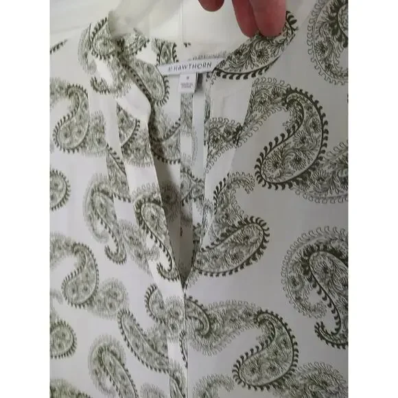 41Hawthorn Green White Paisley V Neck Belle Flare Tie Sleeves Sheer. Size M - Picture 4 of 11